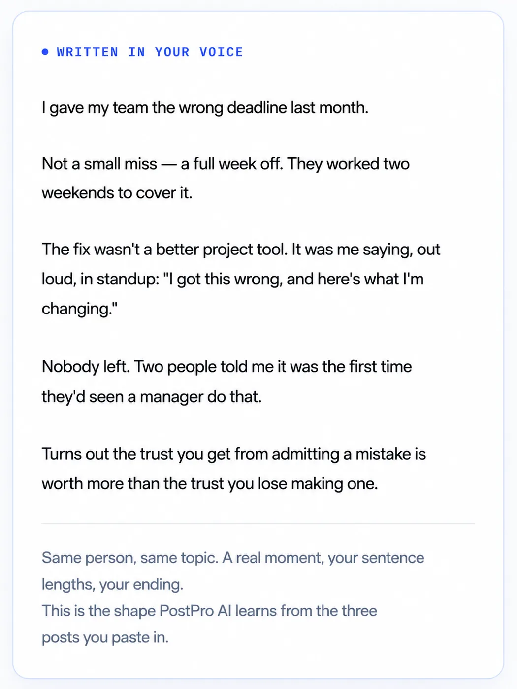 PostPro AI — The output — same person, same topic, written in their own voice.